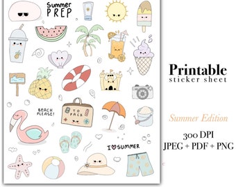 Puede incluir: Una hoja de pegatinas imprimible con temática de verano. La hoja presenta varias ilustraciones, incluyendo un sol, helado, sandía y un flamenco. El texto incluye "Summer Prep", "Beach Please!" e "I ♡ Summer".