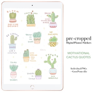 Pegatinas de planificador digital con motivos de cactus, citas de cactus, GoodNotes, imágenes prediseñadas individuales recortadas PNG para uso comercial, plantas suculentas lindas