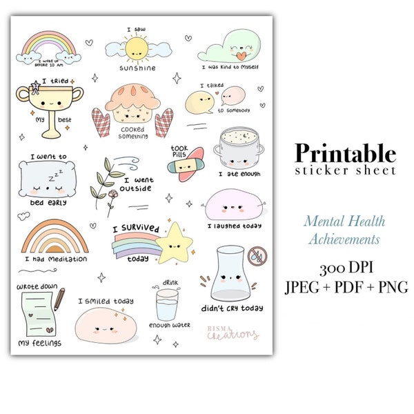 Mental Health Digital Printable Stickers, Mental Health Tracker Commercial Use Printable Stickers, Mental Health Awareness Tracker