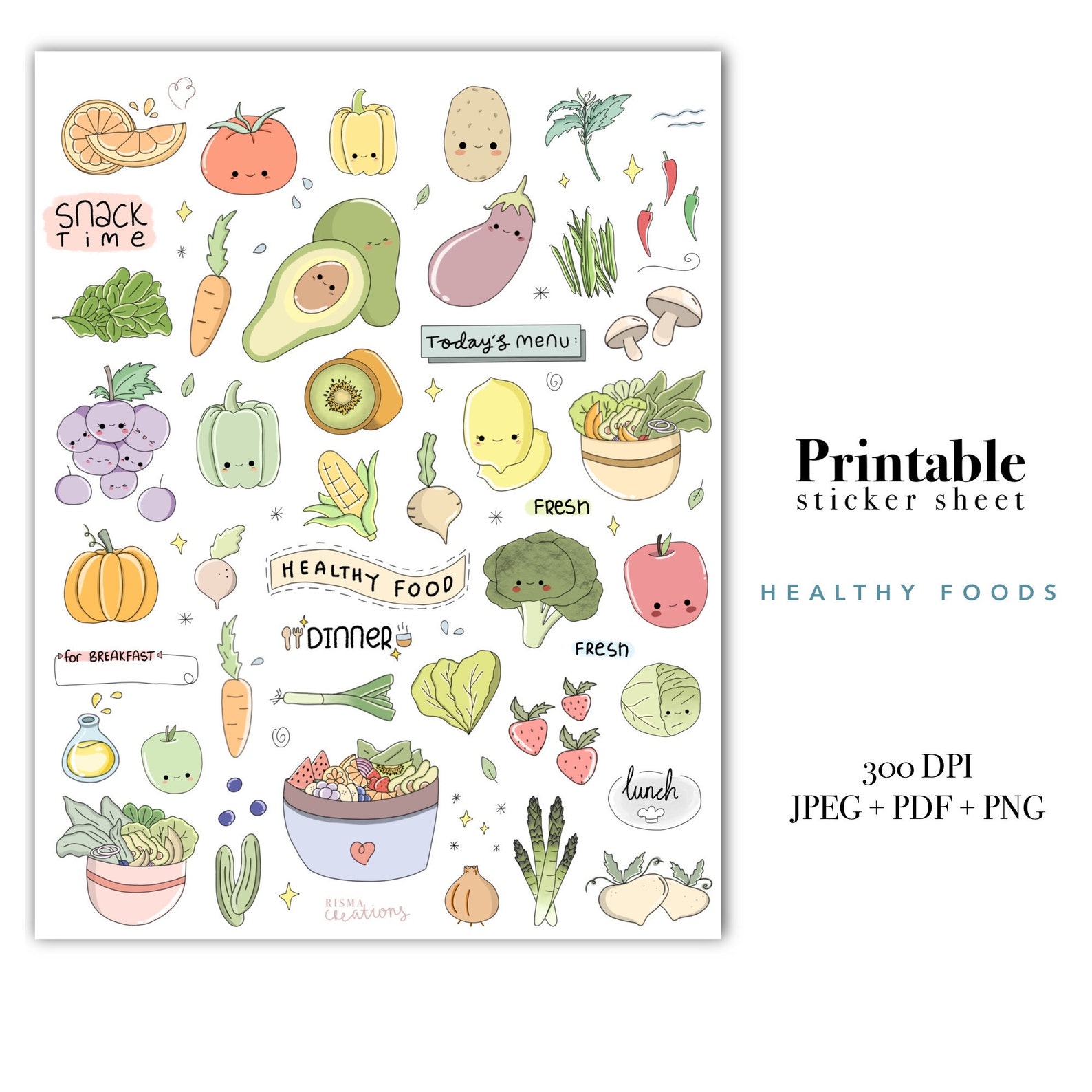 Healthy Food Digital Printable Stickers Fruits Vegetables Commercial Healthy Food Digital Printable Stickers Fruits Vegetables Commercial