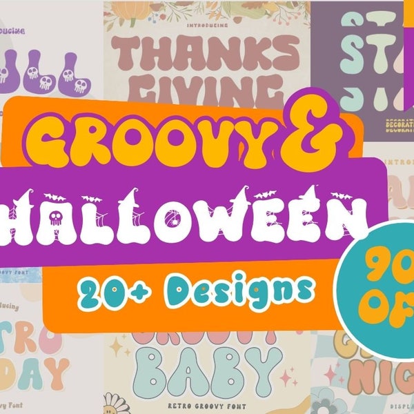 20 Groovy Font Bundle, Procreate Schrift, Halloween Schriften, Cricut Halloween, Retro Halloween, Halloween Party, Retro Schriften