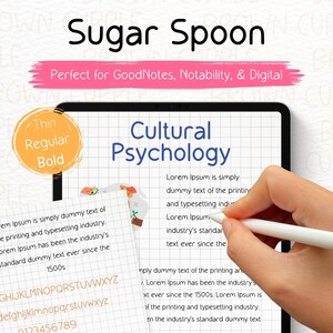 Peut inclure: Une tablette numérique avec un fond quadrillé et le texte "Psychologie Culturelle" affiché à l'écran. Une main tient un stylet et écrit sur l'écran. Le texte "Sugar Spoon" est en haut de l'image, avec le texte "Parfait pour GoodNotes, Notability, & Digital" en dessous. Un cercle jaune avec le texte "Thin, Regular, Bold" est dans le coin supérieur gauche de l'image.