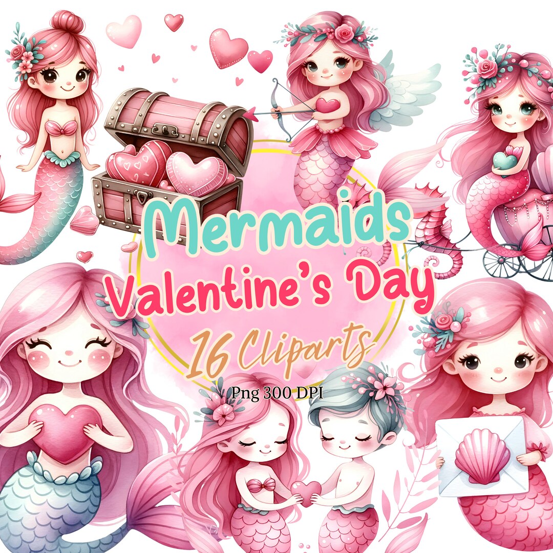 Valentine's Day Clipart, Mermaid Watercolor Art, Romantic Mermaids PNG