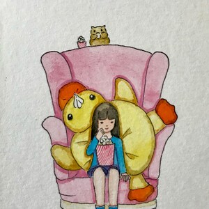ACEO tinta original acuarela pintura chica hámster película tiempo
