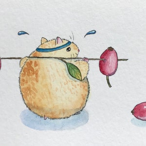 ACEO original acuarela pintura hámster peso lift fruta