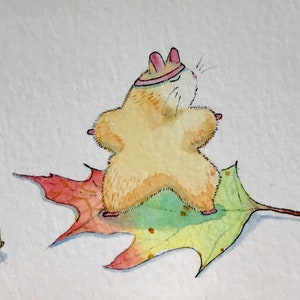 ACEO Original Watercolor Painting Hamster Fall Yoga Oak Leaf