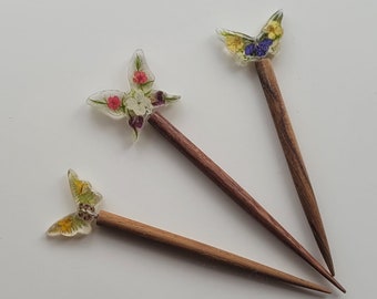 Epoxy resin Shawl Pins in pieces (not sets) with Pressed Forest plants, Butterfly shape Wooden Shawl Pin, Epoxy Shawl Pin, Hair clip