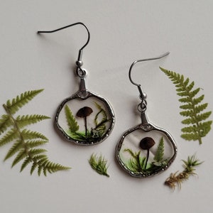 Set of 2 pieces of Handmade mushroom, fern and moss Earrings/ Silver color Real Forest Earrings/ Gift under 15 pound/ Gift for Christmas