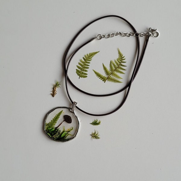 Handmade Mushroom, fern and moss Necklace/ Epoxy Resin Forest Necklace/ Pressed plant Pendant/ Gift for forest lover/ Gift under 10 pounds/