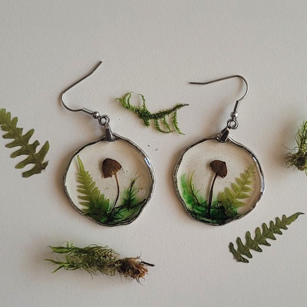 Set of 2 pieces of Handmade mushroom, fern and moss Earrings/ Real Forest Earrings/ Silver color Earrings/ Gift under 10 pound, Gift for her