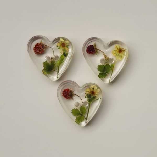 Floral Strawberry Handmade Buttons in pieces (not sets)/ Epoxy resin buttons/ Lipped Heart buttons/ 2-hole buttons/ Decorative button