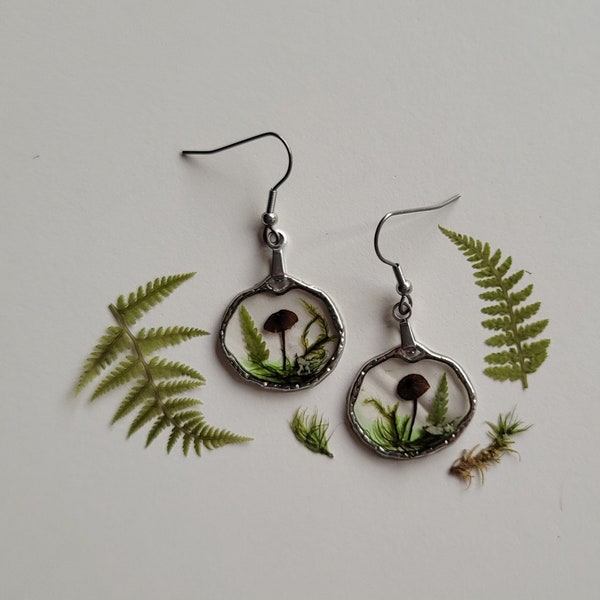 Set of 2 pieces of Handmade mushroom, fern and moss Earrings/ Real Forest Earrings/ Silver color Earrings/ Gift under 10 pound, Gift for her