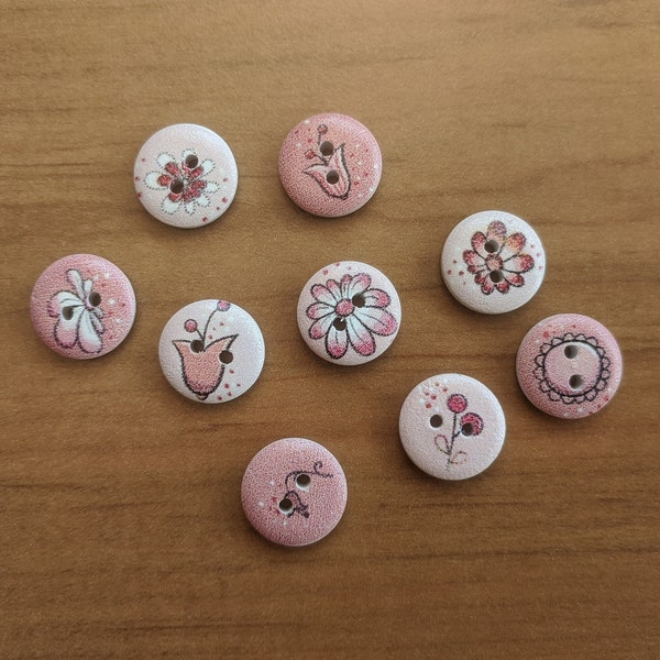 SET of 10 BUTTONS of different FLOWERS/ Wooden buttons/ Pink buttons/ Flower buttons/ Decorative buttons/ Child buttons/ Adult buttons