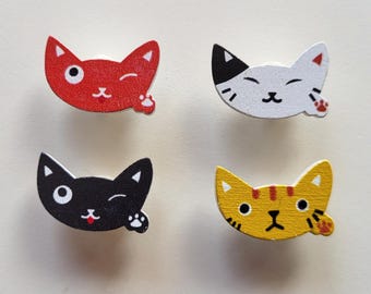Cat Head Wooden Buttons - Set of 4, Kitten Shank Buttons