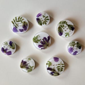 Könnte beinhalten: Eine Sammlung von acht klaren, runden Knöpfen mit botanischen Einschlüssen. Jeder Knopf zeigt gepresste lila Blüten und grüne Blätter, die in klarem Harz eingeschlossen sind. Die Knöpfe haben kleine Löcher zum Annähen.