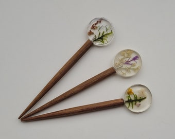 Epoxy resin Shawl Pins in pieces (not sets) with Pressed flowers+plants with/without Rings, Wooden Shawl Pin, Epoxy Shawl Pin/ Wooden Ring