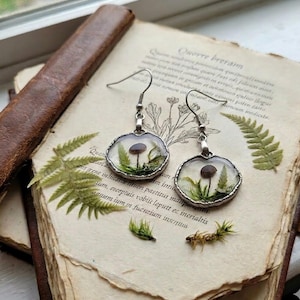 Set of 2 pieces of Handmade mushroom, fern, moss Earrings/ Silver color Real Forest Earrings/ Gift under 15 pound/ Gift for Mother's day
