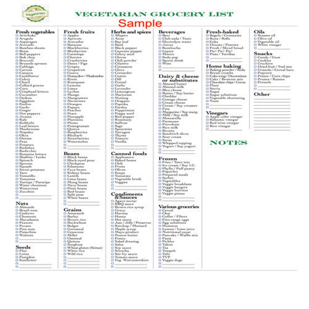 Vegetarian Grocery List Etsy