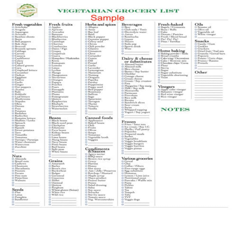 vegetarian grocery list etsy