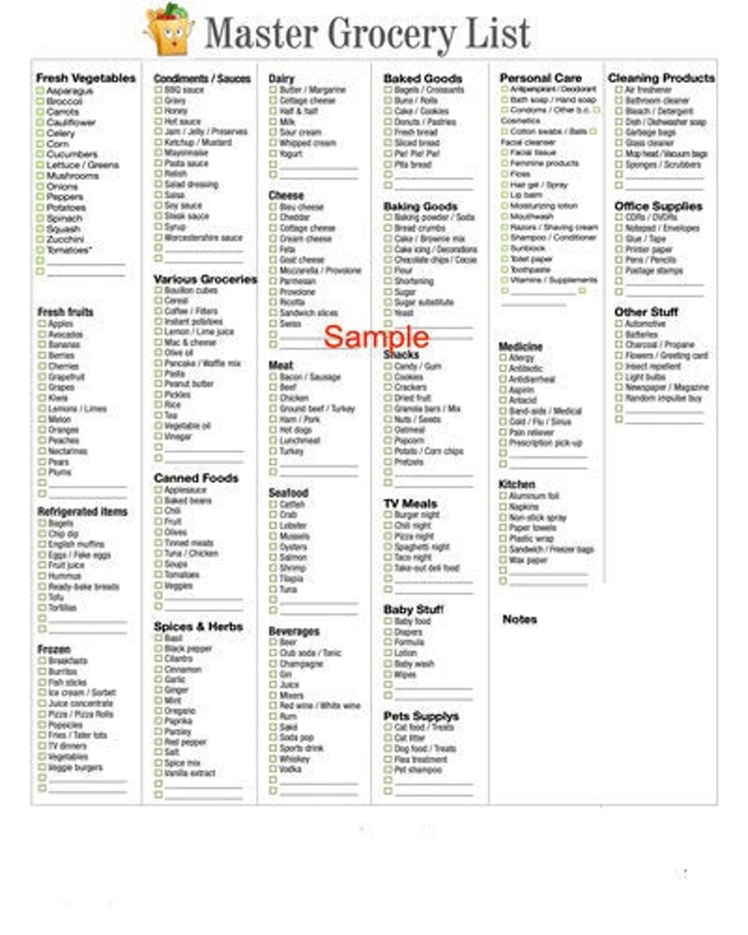 Master Grocery List Etsy