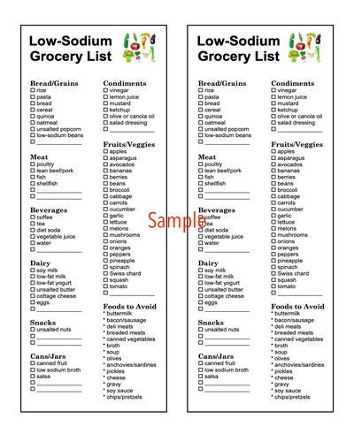 Low sodium Grocery List Etsy