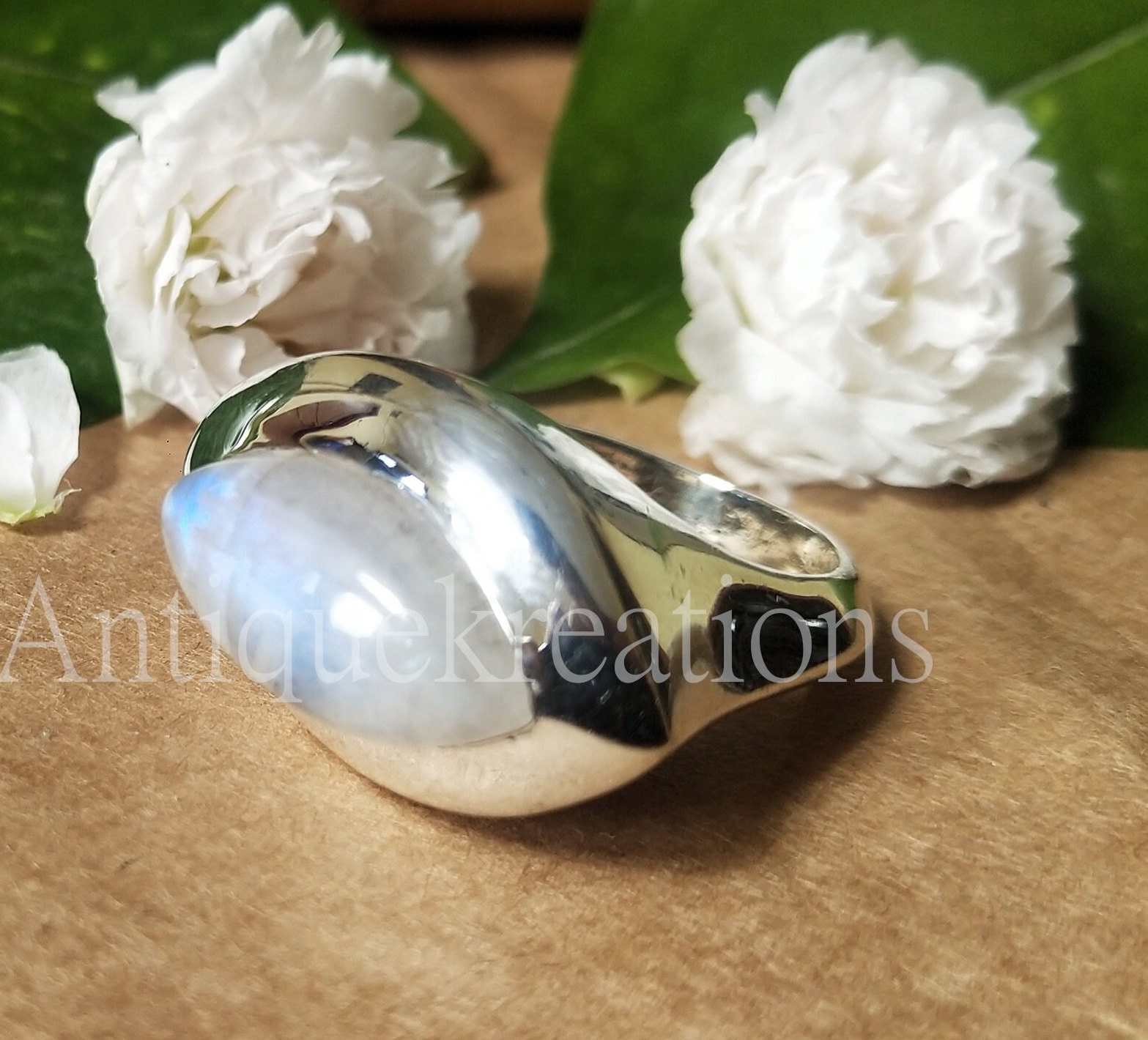 Large Rainbow Moonstone Ring: 925 Sterling Silver Unisex Statement Ring
