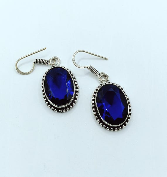 Royal Blue Oval Gemstone Dangle Earrings, in Silver Plated, Blue