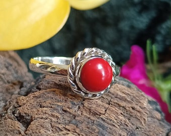 Red Coral Sterling Silver Ring: Round Gemstone, Women's Tiny Ring