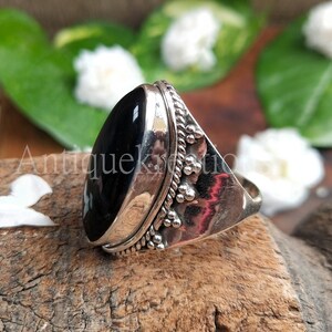 Black Onyx Statement Ring: 925 Sterling Silver Marquise Cabochon