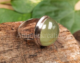 handmade sterling silver prehnite ring: green gemstone statement ring