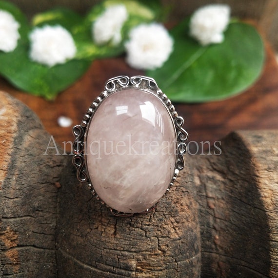 Large Rose Quartz Ring 925 Silver Rose Quartz Jewelry Natural Pink