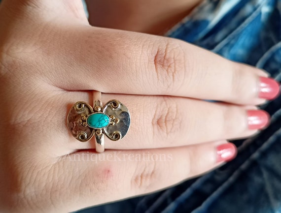 スターリングシルバーのターコイズバタフライリング：ボヘミアン
