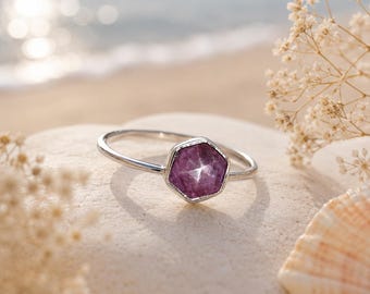 Hexagon Star Ruby Ring, 925 Sterling Silver, Minimalist Stacking Jewelry, July Birthstone