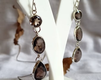 Sterling Silver Long Smoky Quartz Dangle Earrings