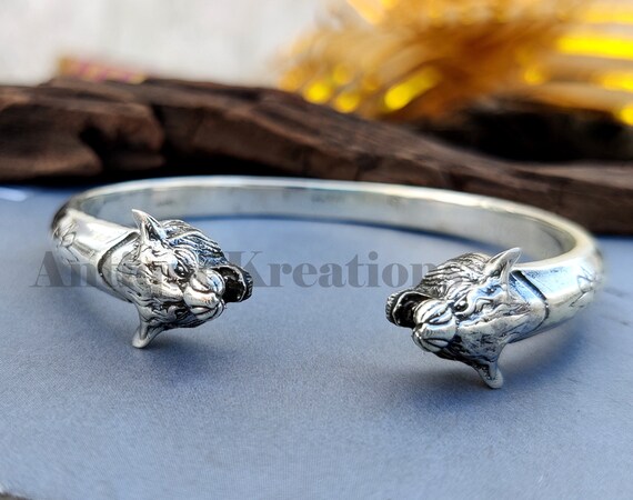 Sterling Silver Lion Face Cuff Bangle, Engraved Statement Bracelet
