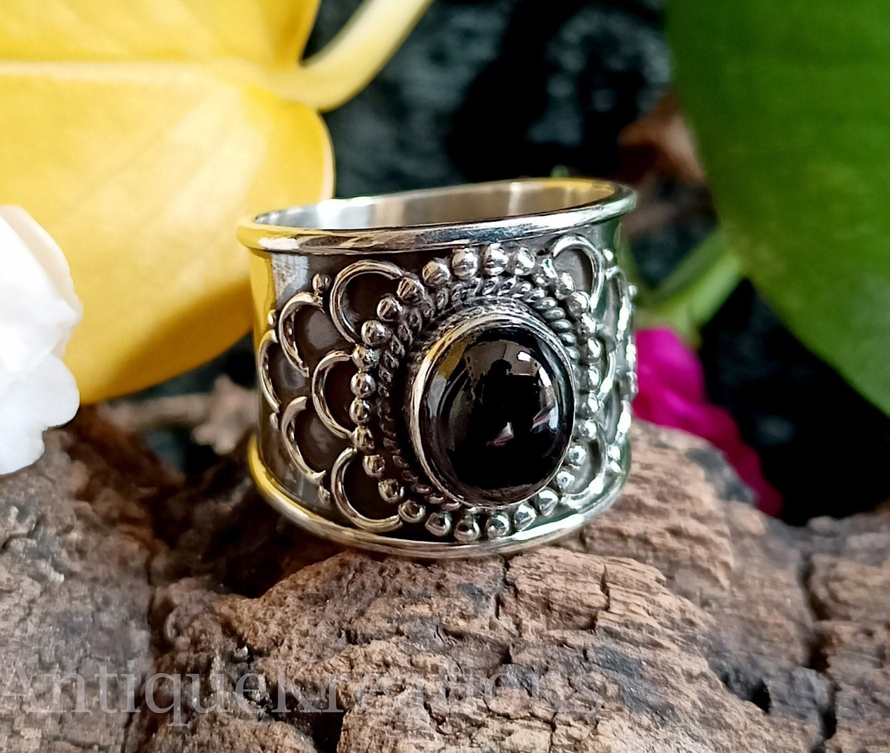 Anello In Onice Nera Rotonda Argento 925 Fatto A Mano 8 Mm - Jewellery Box Taglie H-W