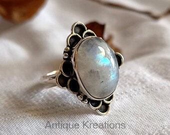 Bague en argent sterling et pierre de lune arc-en-ciel, bague imposante