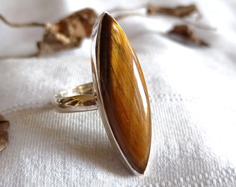 Sterling Silver Tigers Eye Ring: Handmade Marquise Statement Jewelry