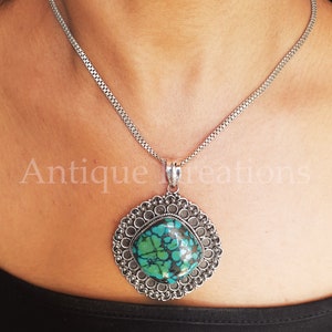 Turquoise Necklace, 925 Sterling Silver, Natural Turquoise Gemstone Pendant, Handmade Boho Necklace, Statement Jewelry, Gift For Her