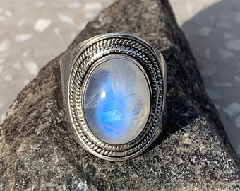 Ovaler Regenbogen Mondstein Ring: 925 Sterling Silber Statement Ring