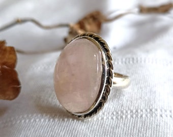 925 Silver Rose Quartz Ring: Oval Pink Stone Statement Ring