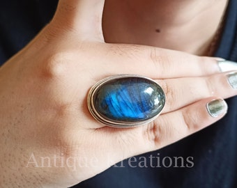 Labradorite Large Ring, 925 Sterling Silver Ring, Gemstone Ring, Labradorite Ring, Unisex Ring, Gift For Mom, Gift For Her, Gift For Him