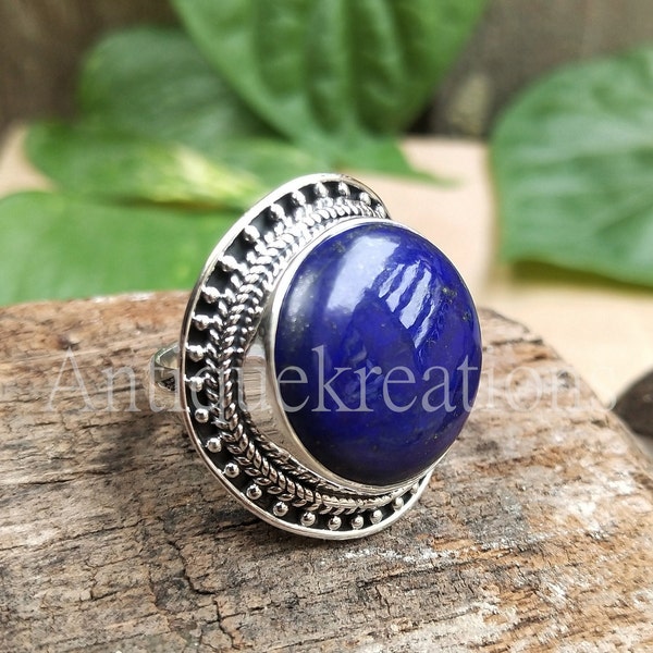 Bague en lapis lazuli naturel, bague en argent sterling 925, bague en lapis lazuli ronde, cadeau pour elle, bague pour femme, bague en lapis pour femme, bague en lapis