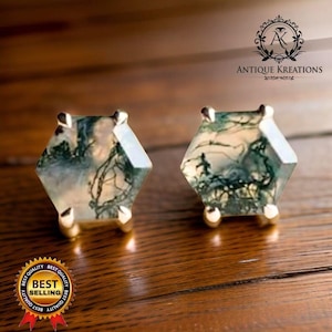 Pendientes de ágata musgosa hexagonal, pendientes de plata de ley 925, pendientes de ágata musgosa, pendientes hexagonales, joyas de ágata musgosa, pendientes naturales, pendientes de naturaleza