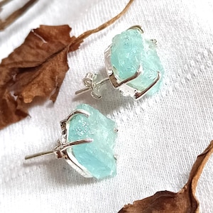Natural Raw Aquamarine Stud Earrings Silver Jewelry, 925k Solid Silver, Handmade Earrings, Raw Gemstone Earrings, Minimalist Aquamarine Stud