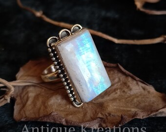 Large Rectangle Rainbow Moonstone Ring: 925 Sterling Silver Statement Ring
