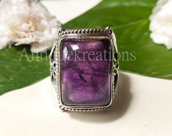 Rechteck Amethyst Ring: Unisex 925 Sterling Silber Statement Ring