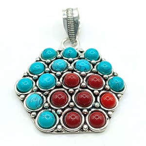 Turquoise and Red Coral Statement Pendant Necklace, Handmade Turquoise & Coral Gemstone Pendant, Turquoise and Coral Jewelry for Women