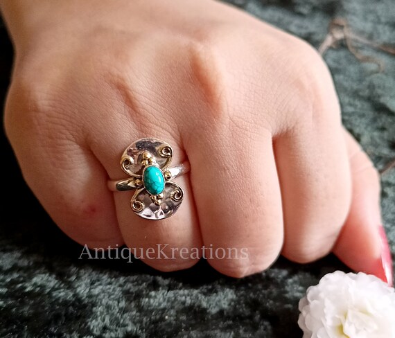 スターリングシルバーのターコイズバタフライリング：ボヘミアン