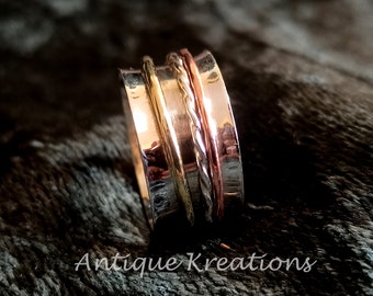 Hammered Sterling Silver Spinner Ring: Three Tone Meditation, Boho Anxiety Ring